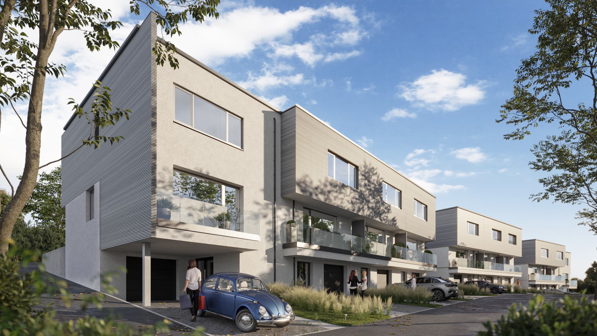Vue 3D de la résidence Riverside — façades contemporaines et espaces extérieurs